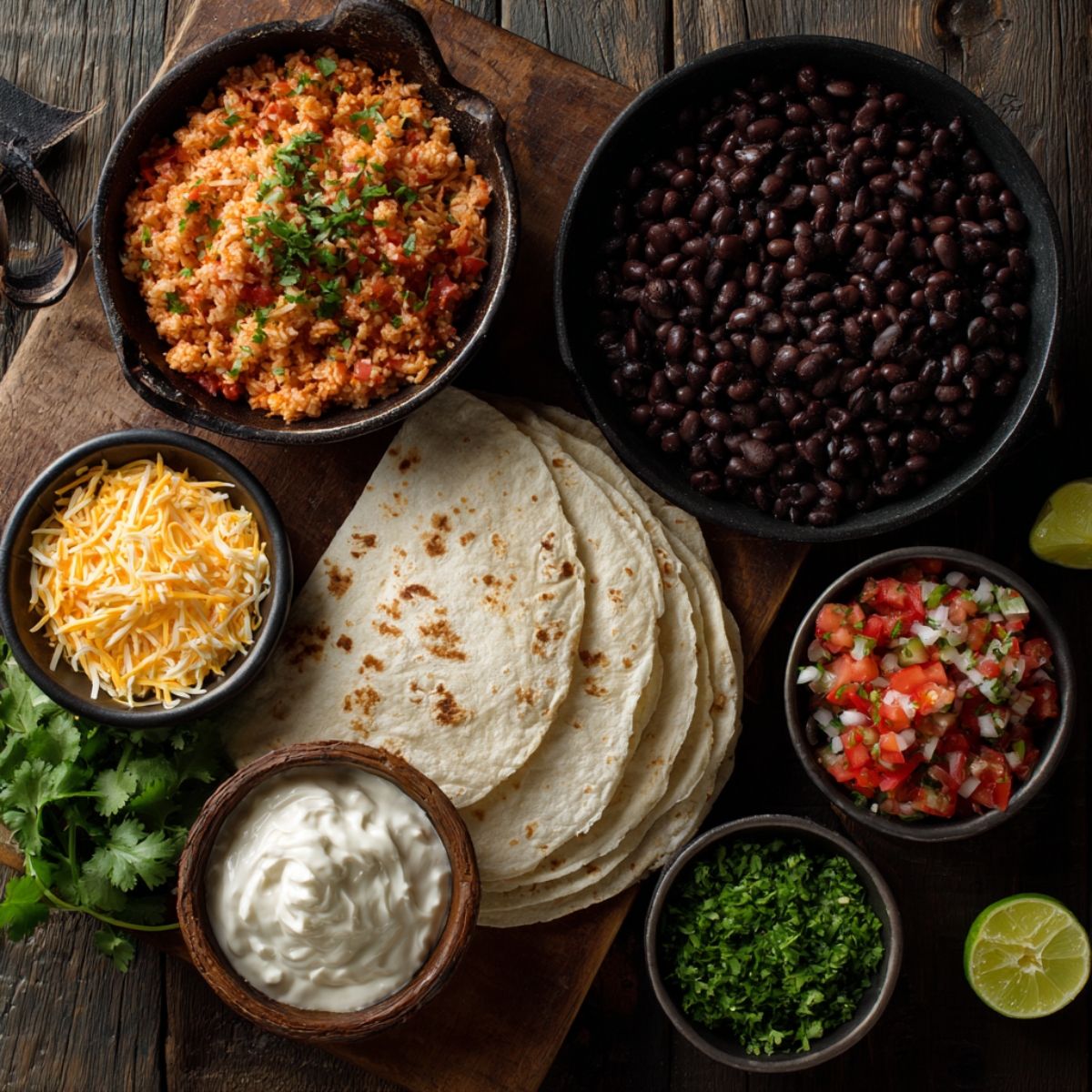 vibrant spread of Mexican meal components including black beans, rice, shredded cheese, sour cream, tortillas, salsa, and fresh cilantro.