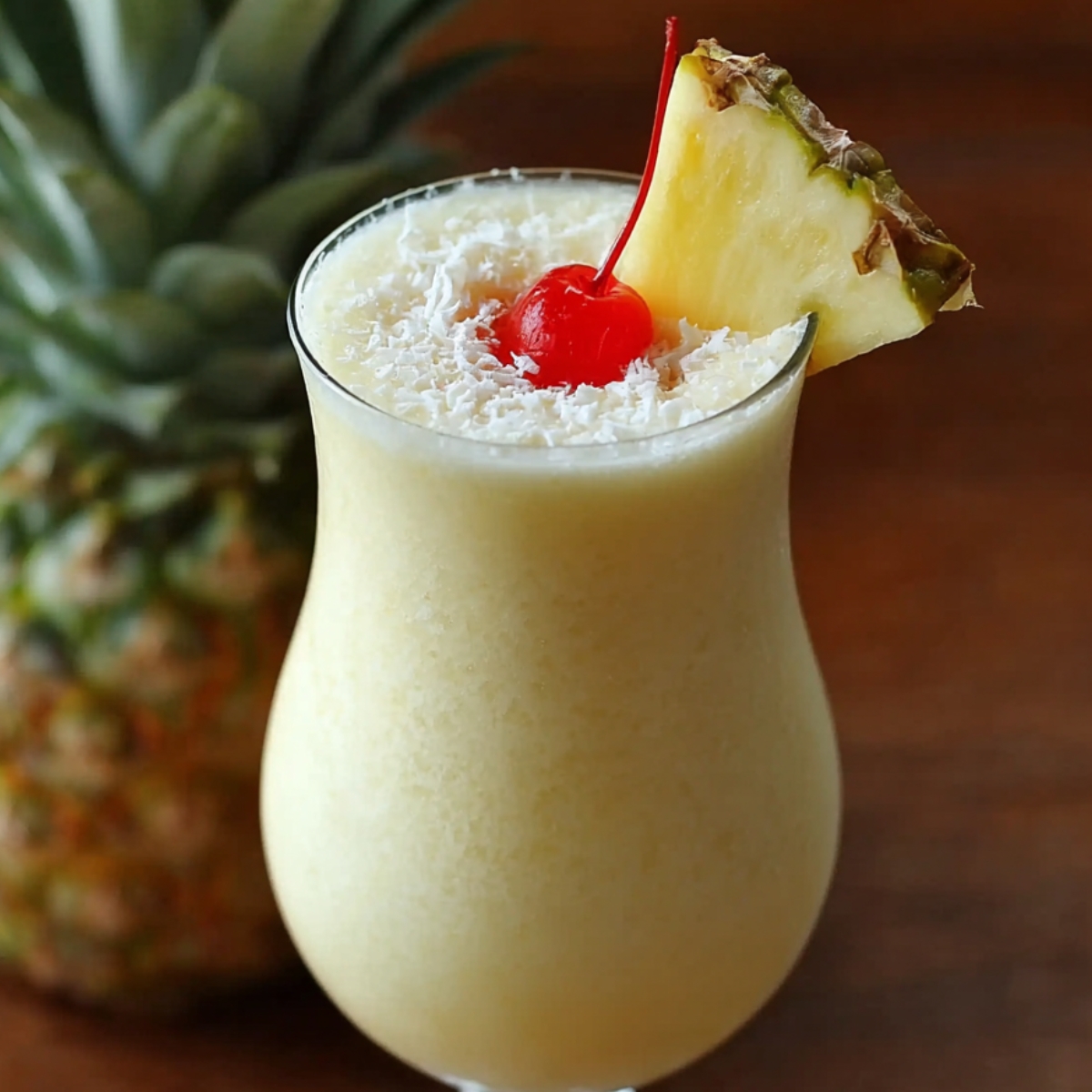 creamy pina colada recipe drink with a slice of pineapple and a cherry on top, garnished with shredded coconut. The glass is set against a background of a whole pineapple, offering a refreshing tropical vibe.
