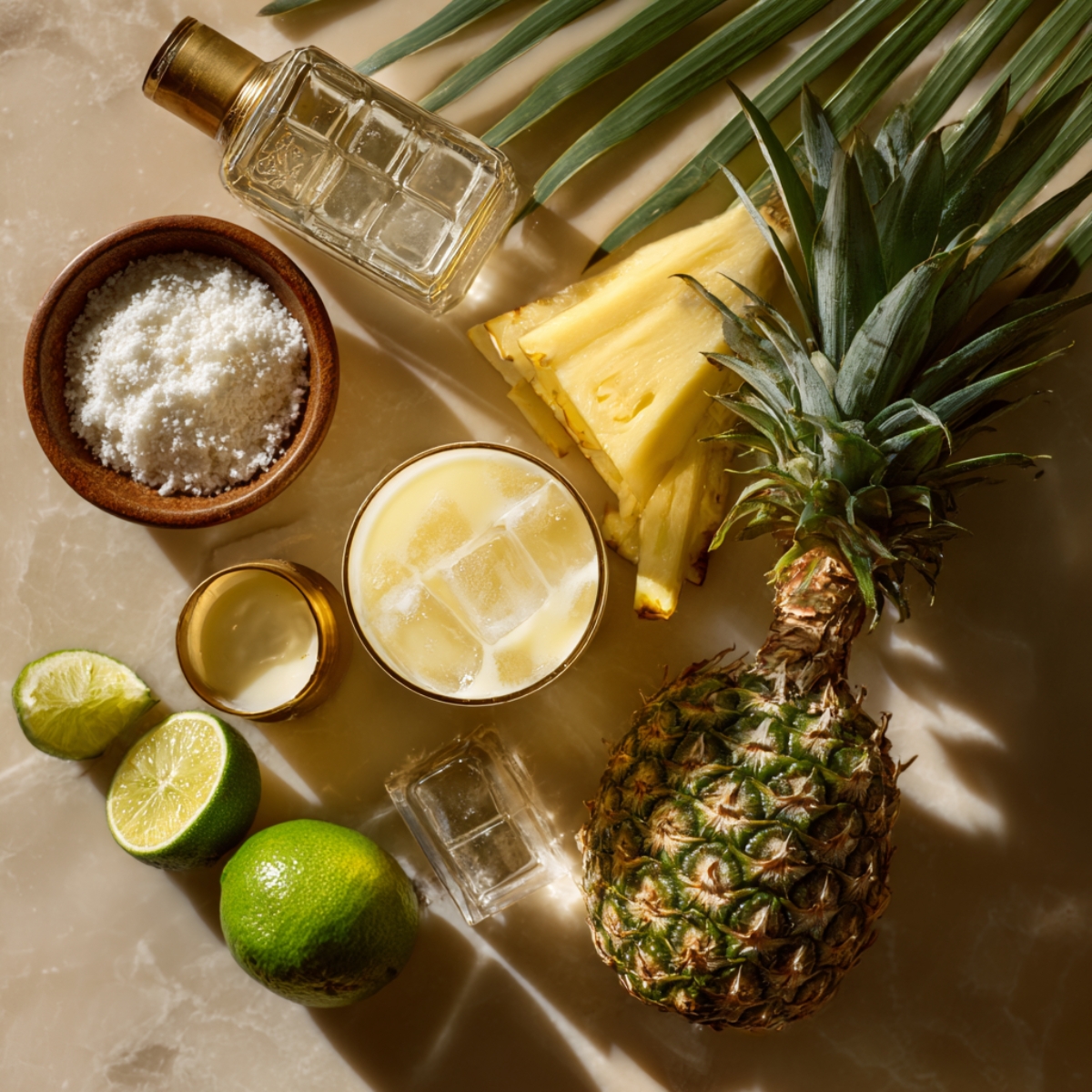 Ingredients to make a pineapple drink. A glass filled with ice is placed next to a bottle of clear liquid (possibly alcohol), some lime halves, a pineapple with its leaves, and a small bowl of salt, all arranged on a light stone surface.