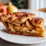 slice of freshly baked apple pie recipe showing a perfectly golden crust and filling with a slightly gooey apple and cinnamon mixture, topped with a sugar crumble.