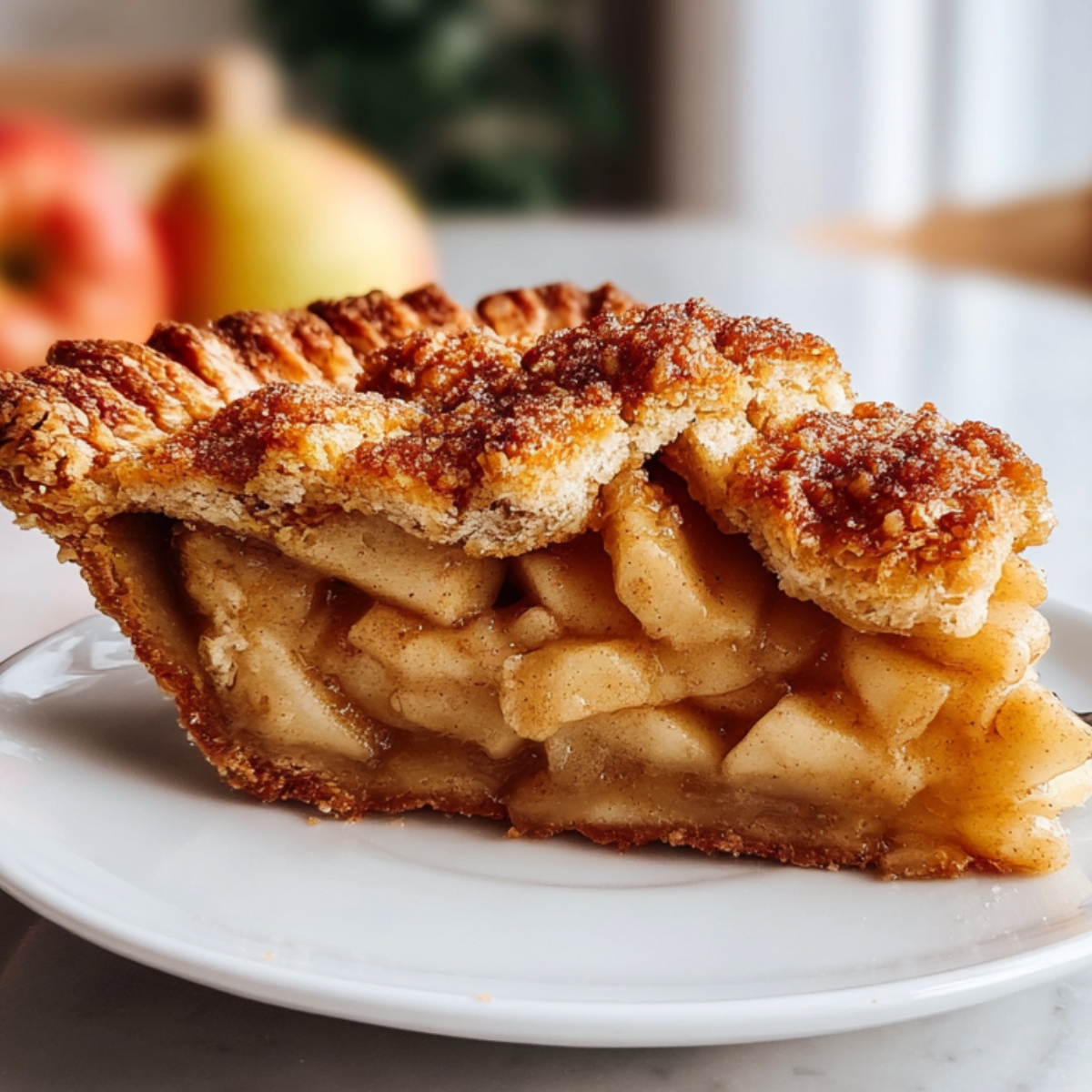 slice of freshly baked apple pie recipe showing a perfectly golden crust and filling with a slightly gooey apple and cinnamon mixture, topped with a sugar crumble.