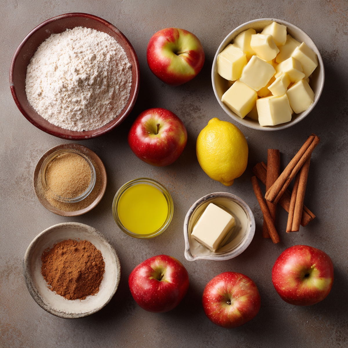 collection of ingredients for making apple pie, including flour, cubes of butter, red apples, lemon, cinnamon sticks, oil, and brown sugar arranged on a neutral-colored surface.