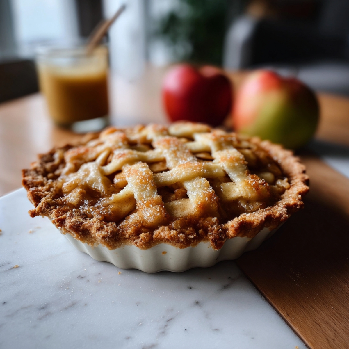 freshly baked apple pie with a lattice top, sprinkled with sugar, sitting on a white surface with a few red apples in the background.