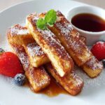 Close-up of several pieces of golden-French toast recipe sticks dusted with powdered sugar, served on a white plate with a side of maple syrup in a small bowl and fresh berries.