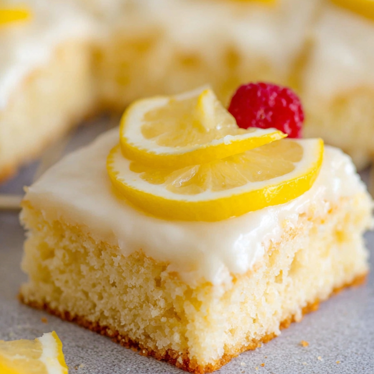 Close-up of a single square slice of lemon sheet cake recipe topped with white glaze, two thin lemon slices, and a raspberry on the side. The cake is moist and fluffy.