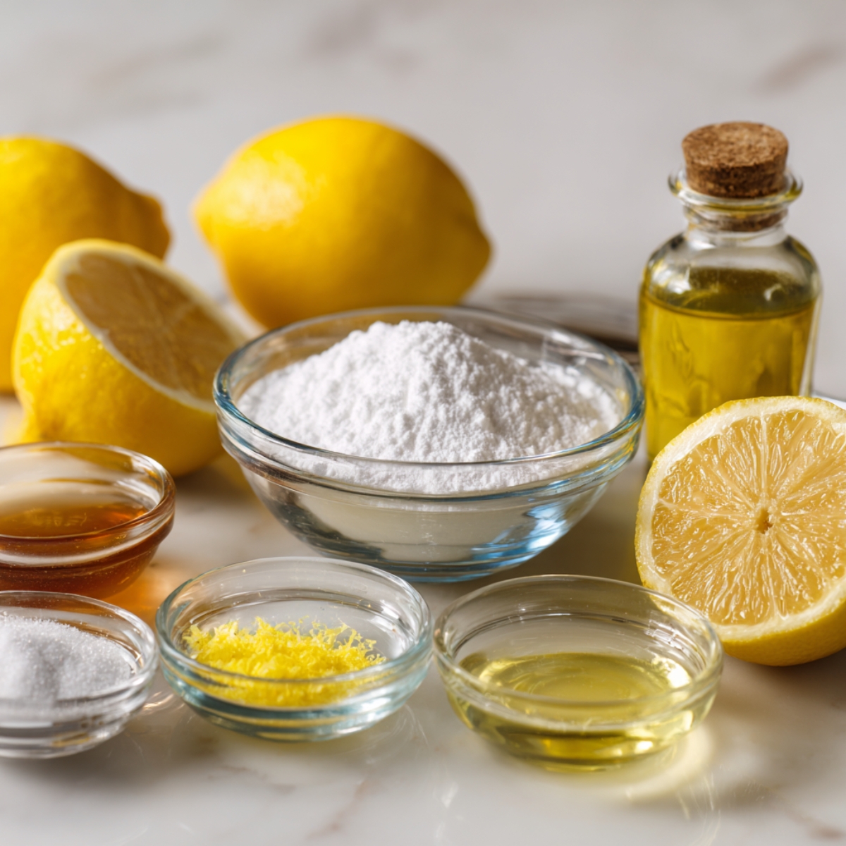 Ingredients for lemon glaze and cake laid out on a white marble countertop: powdered sugar, lemon juice, olive oil, whole lemons, and small bowls with honey and zest.