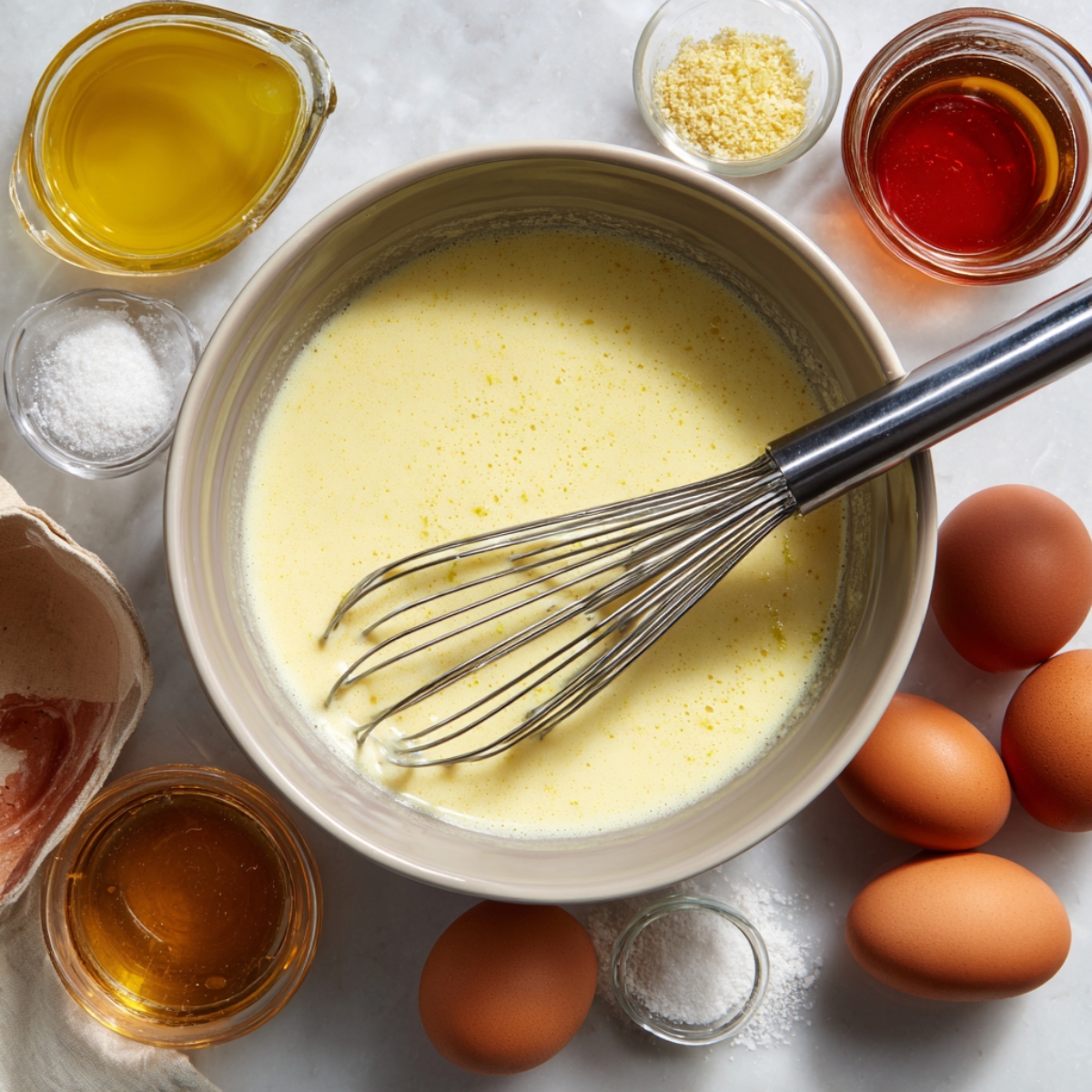 Close-up overhead view of lemon cake batter in a blue mixing bowl, surrounded by flour, eggs, sugar, and small bowls with other ingredients. A whisk rests inside the batter.
