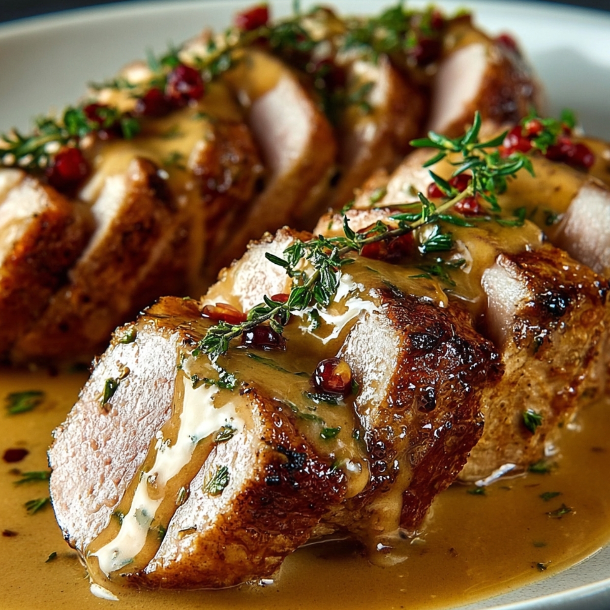 Sliced pork tenderloin recipes on a plate, drizzled with a golden herb sauce and garnished with fresh thyme and red berries.