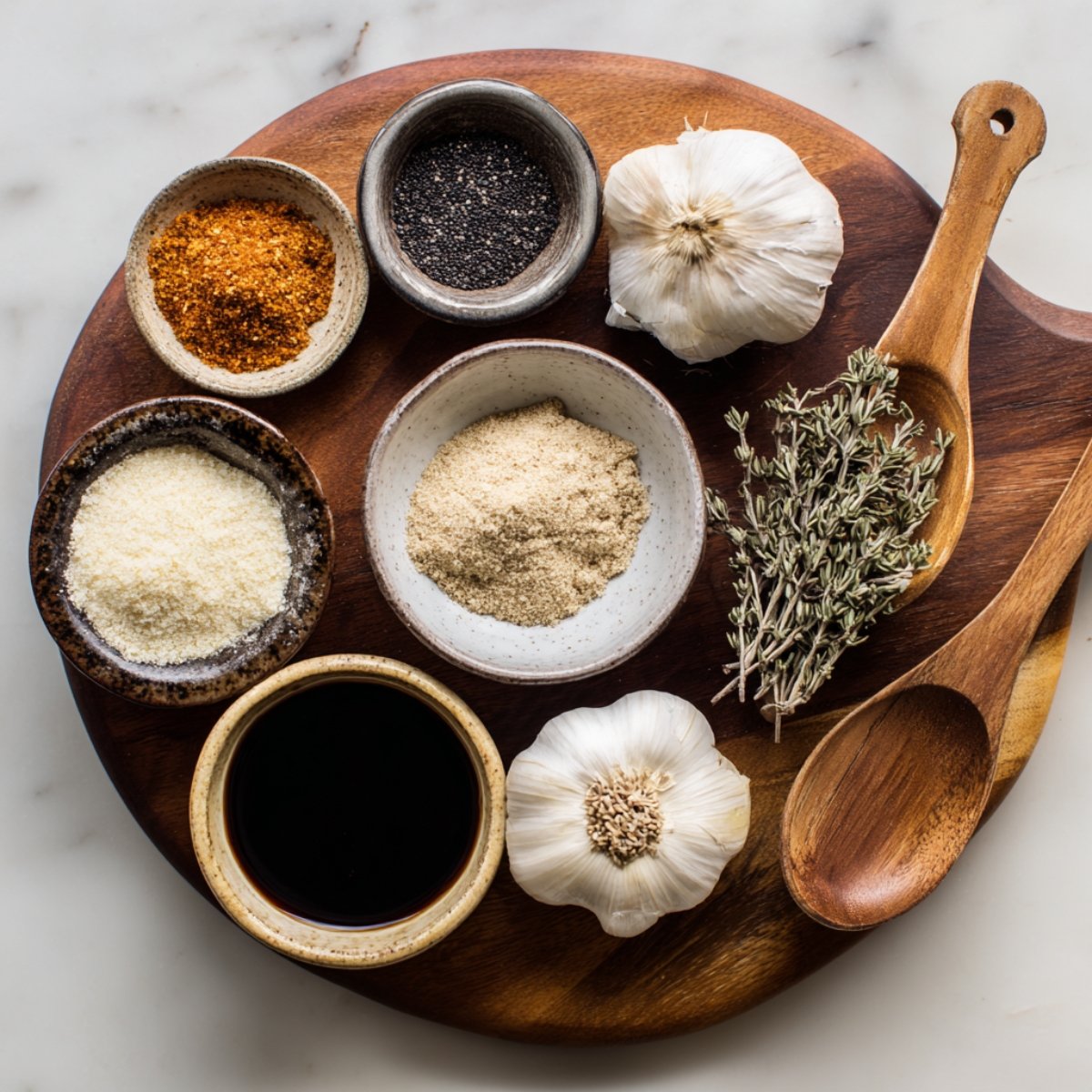 Assorted small bowls of seasonings including garlic, black pepper, parmesan, and dried herbs arranged on a wooden board.