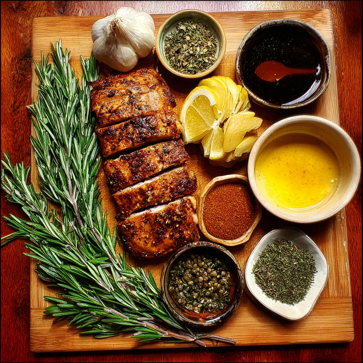 A wooden board displaying pork tenderloin, fresh herbs, lemon slices, and small bowls with different sauces and seasonings.