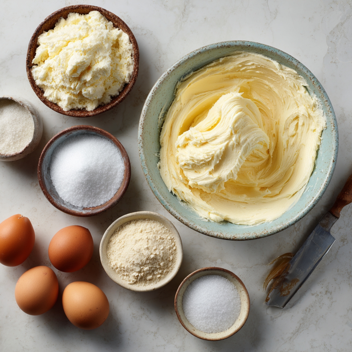 Bowl of creamy buttercream frosting with sugar, eggs, and flour arranged around it on a white countertop