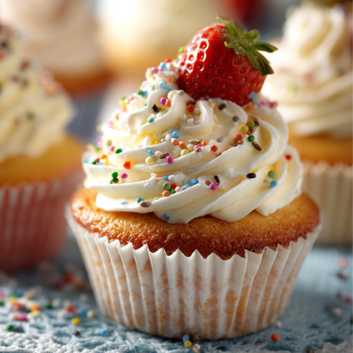 Vanilla cupcake with white frosting, rainbow sprinkles, and a fresh strawberry on top, placed on a gray surface