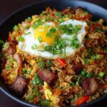 Close-up of a bowl of pork fried rice recipe topped with a perfectly cooked fried egg and sprinkled with chopped green onions.