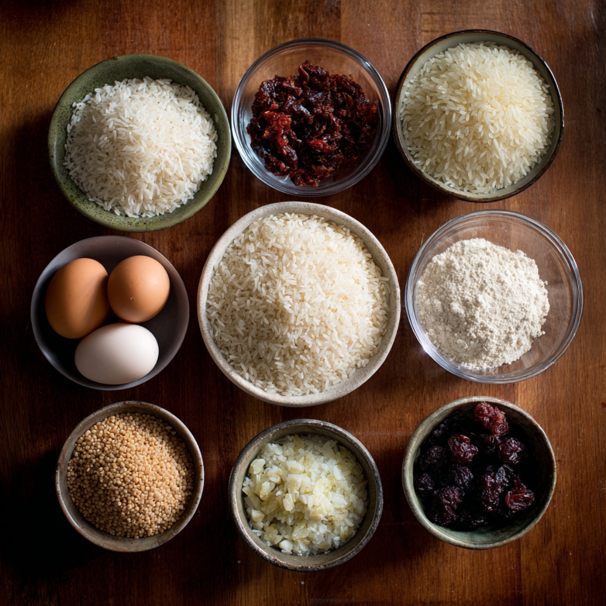 Overhead view of various bowls containing raw rice, eggs, and other ingredients arranged on a wooden surface.