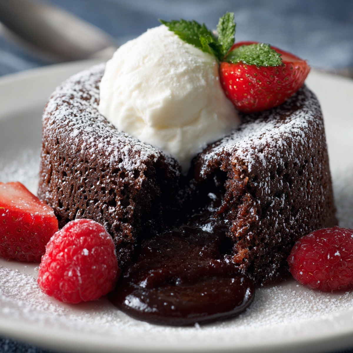 molten chocolate lava cake recipe easy , topped with a scoop of vanilla ice cream and garnished with fresh strawberries and mint