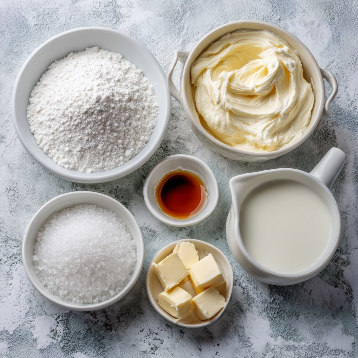 Ingredients for cake frosting in separate bowls: powdered sugar, butter, milk, and vanilla, arranged neatly on a light countertop