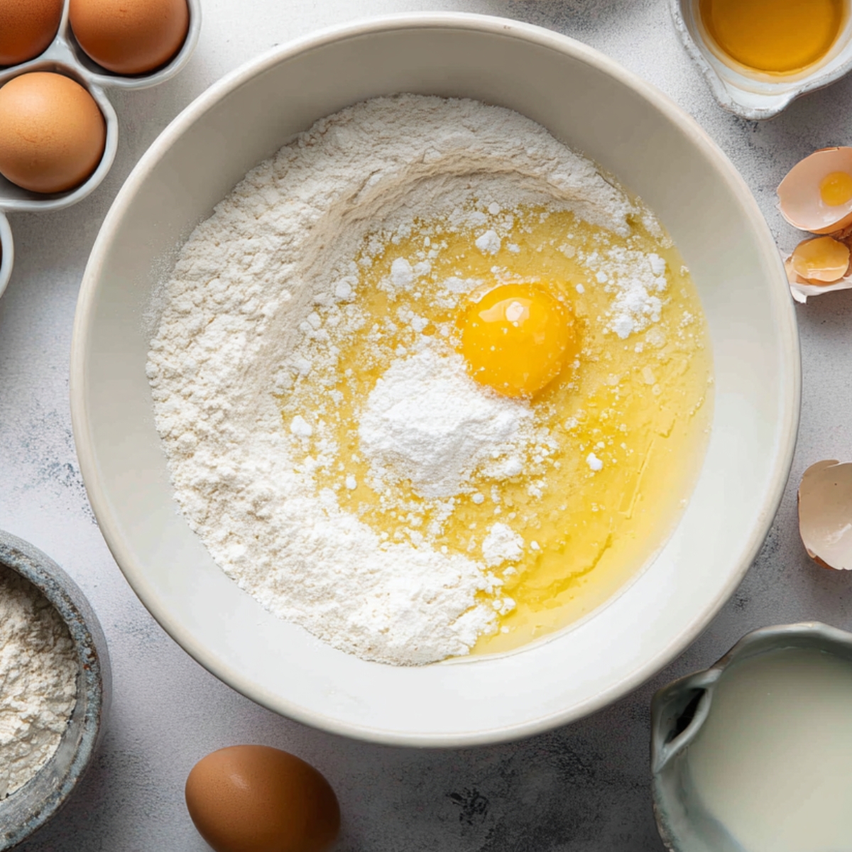 Large white bowl with cake batter ingredients including eggs, flour, and milk ready for mixing, surrounded by eggshells and small bowls of flour