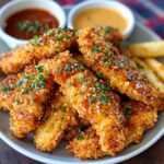 plate of crispy fried chicken strips recipe tenders garnished with sesame seeds, herbs, and served with dipping sauces and fries