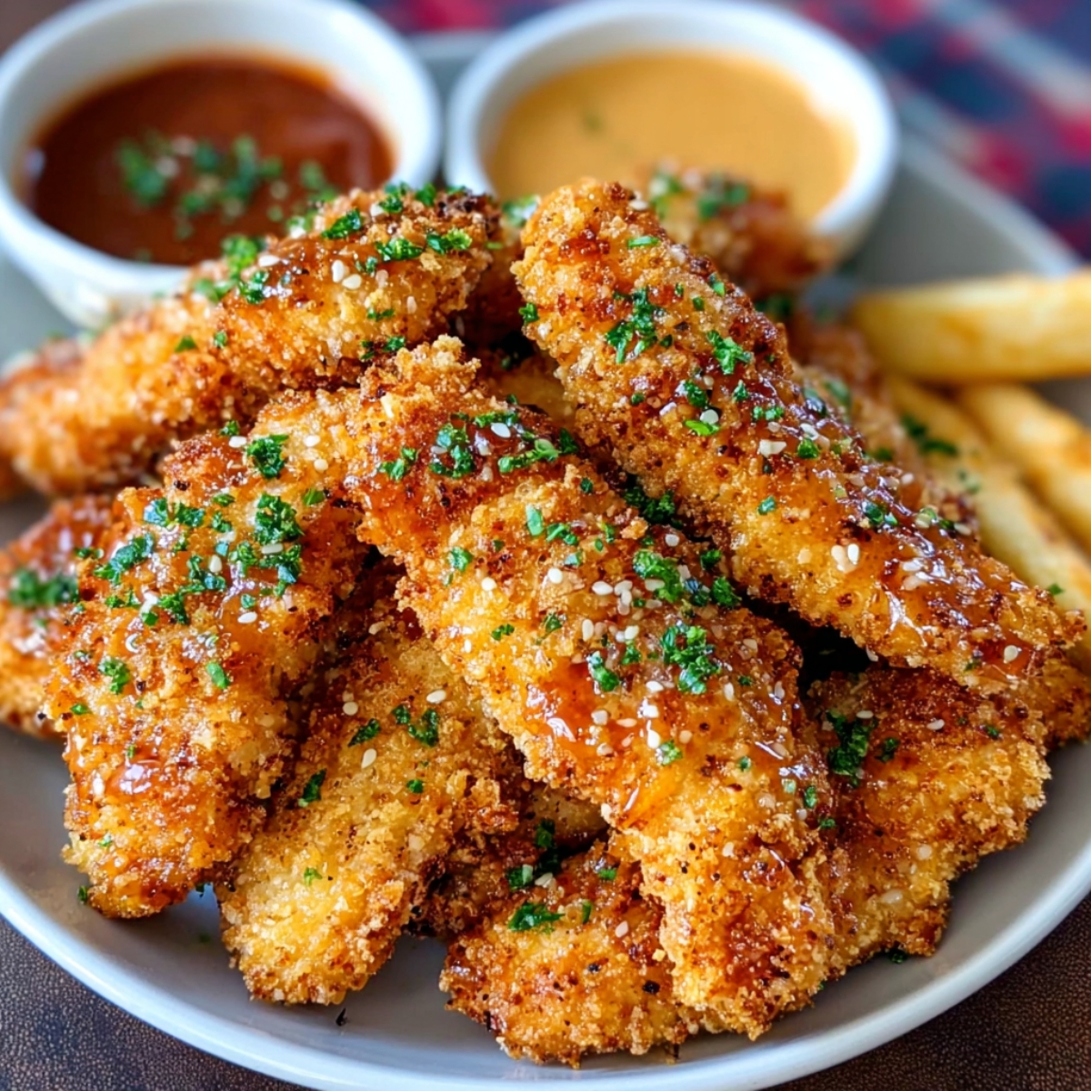 plate of crispy fried chicken strips recipe tenders garnished with sesame seeds, herbs, and served with dipping sauces and fries
