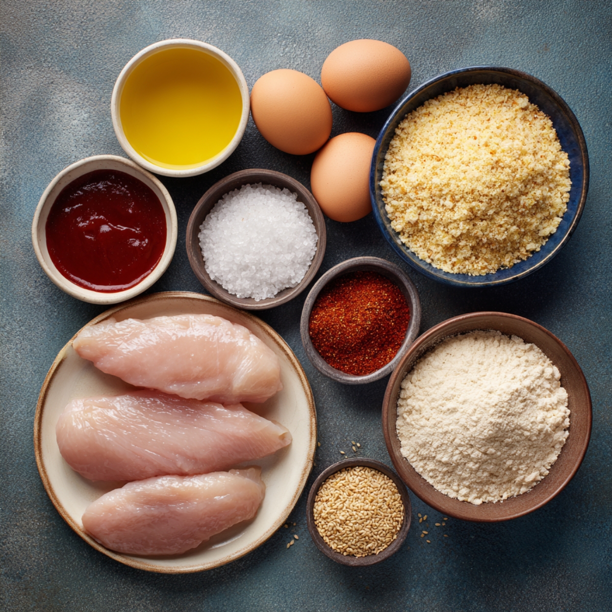 variety of ingredients for breading fried chicken, including eggs, flour, breadcrumbs, chicken breasts, and oil.