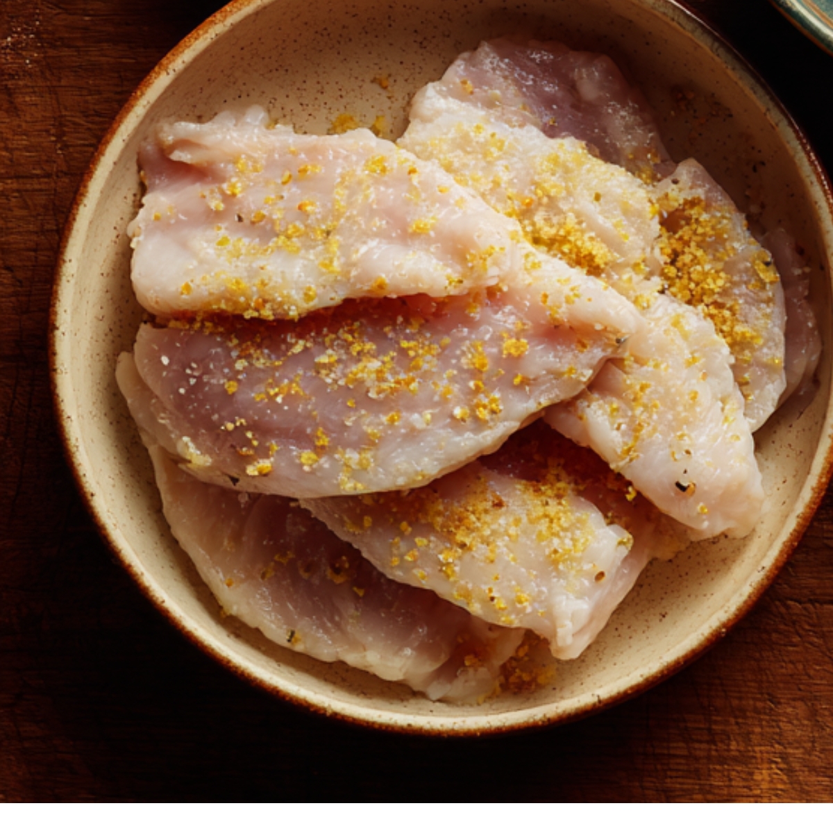 Raw chicken fillets seasoned with a sprinkle of spices, sitting on a bowl ready to be prepared