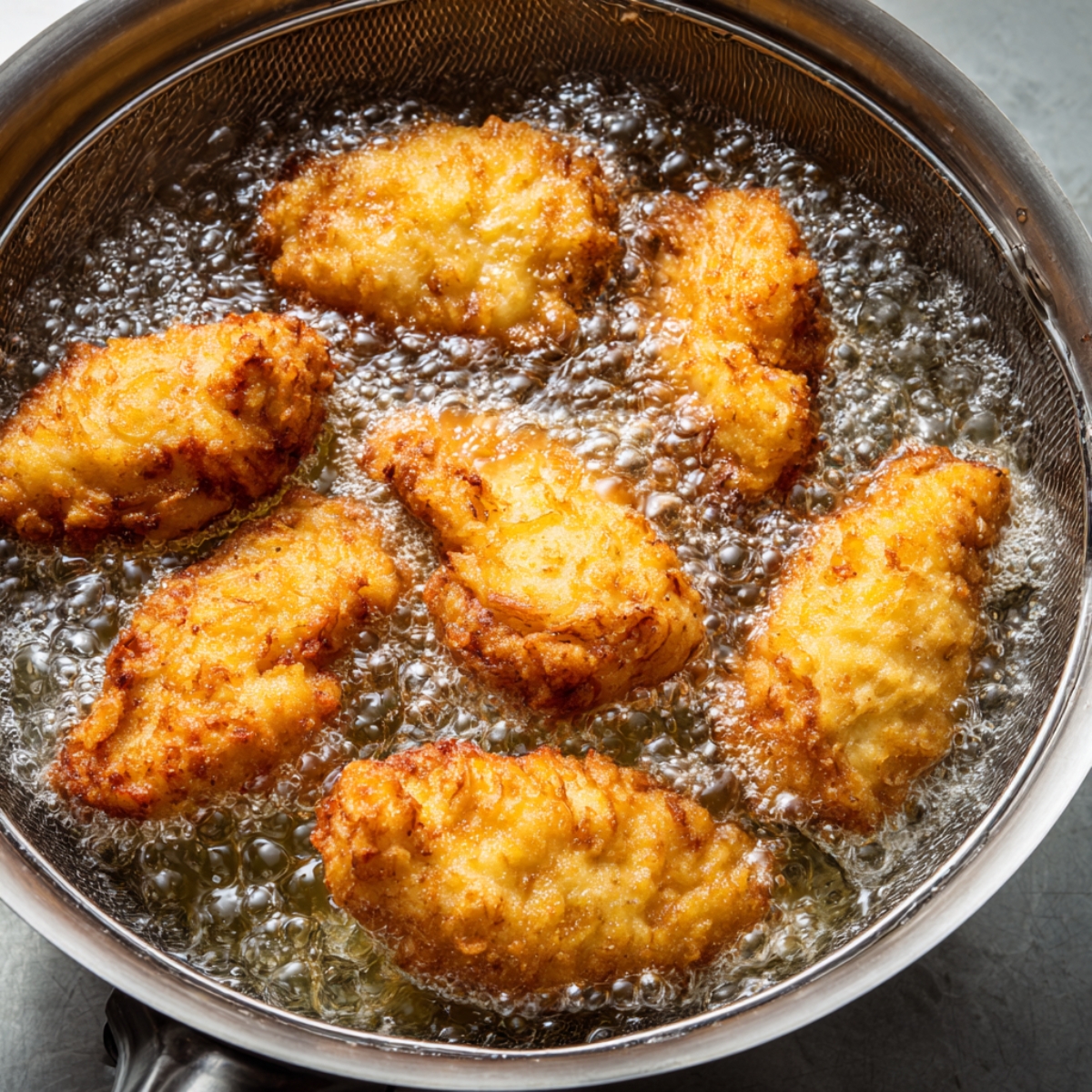 "Pieces of breaded or battered food frying in hot oil, with golden-brown crusts and bubbles around them in the pan.