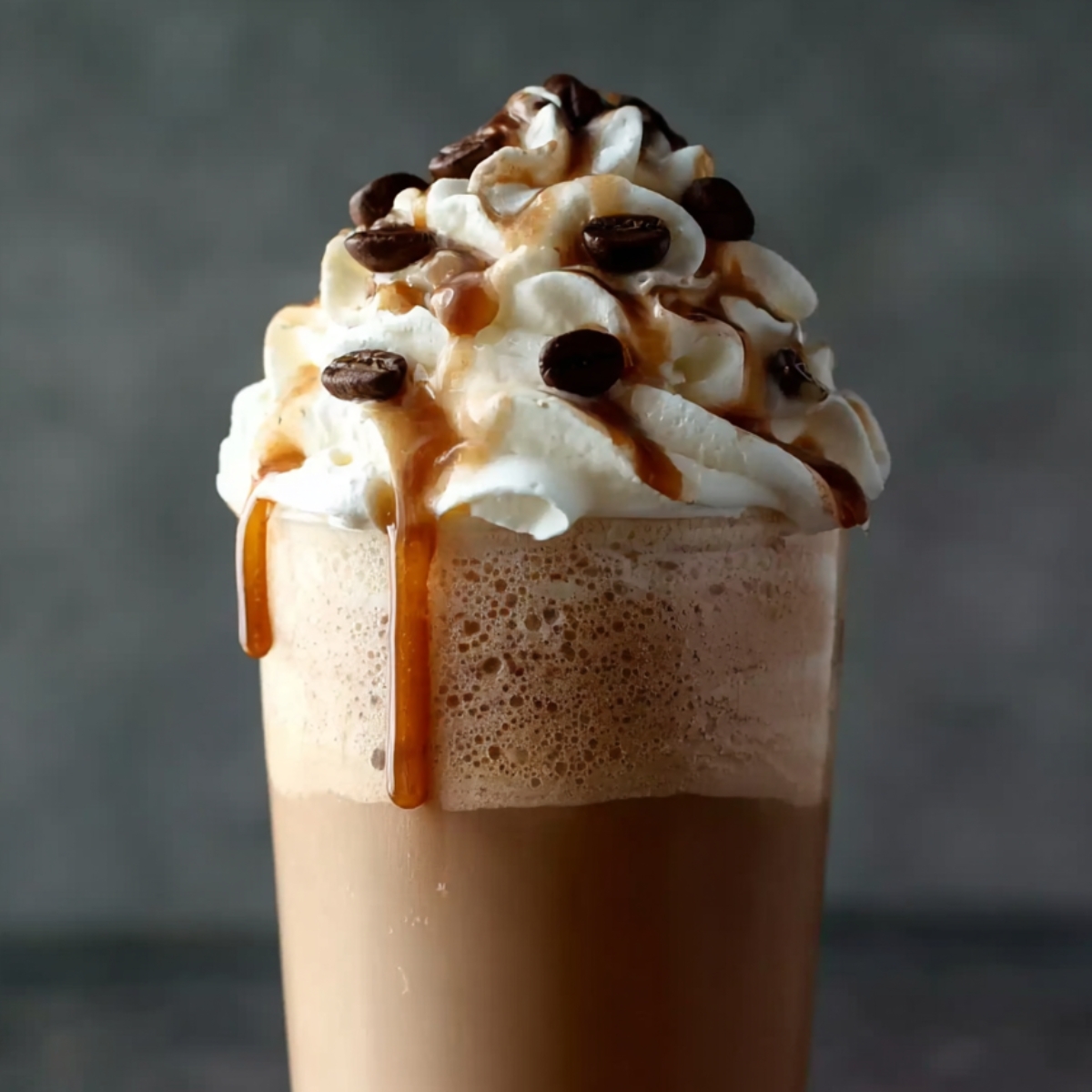 close-up of a frothy iced mocha frappe recipe topped with whipped cream, caramel drizzle, and coffee beans.