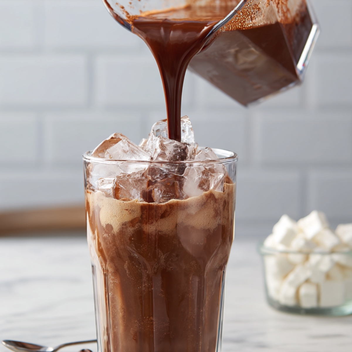 glass filled with ice cubes, as chocolate syrup is poured over the ice and into the glass, preparing an iced chocolate drink