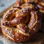 close-up shot of a soft sourdough pretzel recipe perfectly golden-brown with a light sprinkling of sea salt on top. The twisted shape is visible, with a crisp and shiny crust.