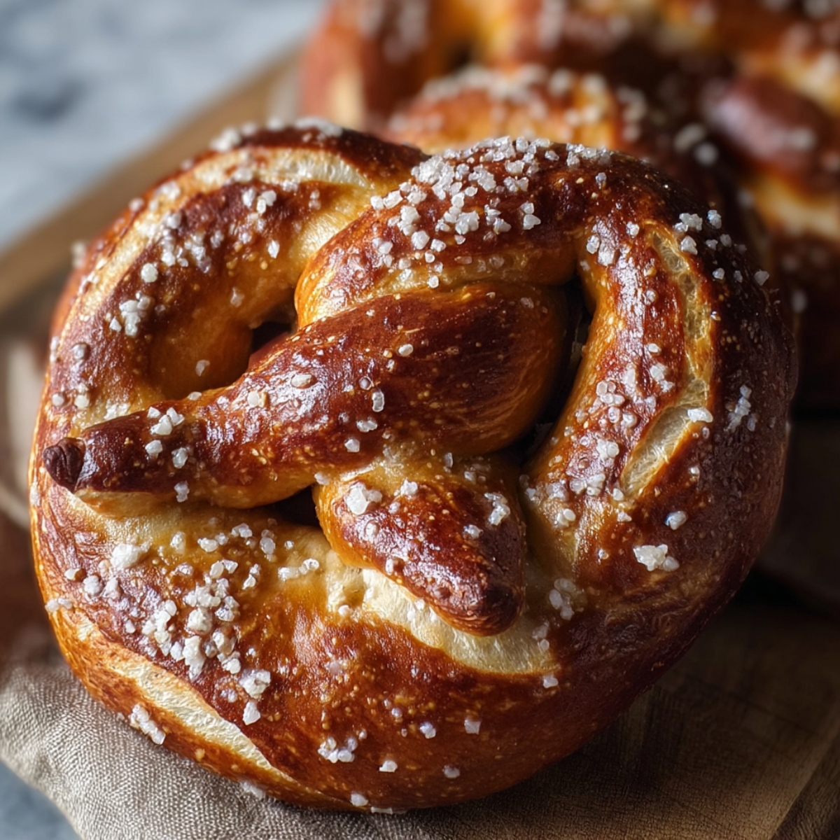 close-up shot of a soft sourdough pretzel recipe perfectly golden-brown with a light sprinkling of sea salt on top. The twisted shape is visible, with a crisp and shiny crust.