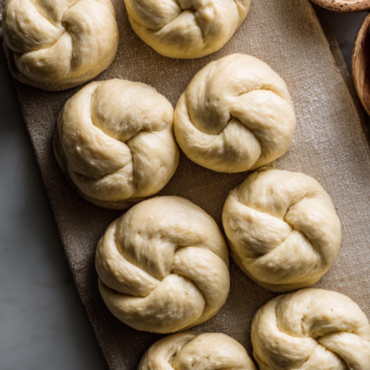 set of soft dough balls neatly arranged on a cloth, ready to be baked. The dough appears smooth and well-kneaded, showcasing a glossy texture.