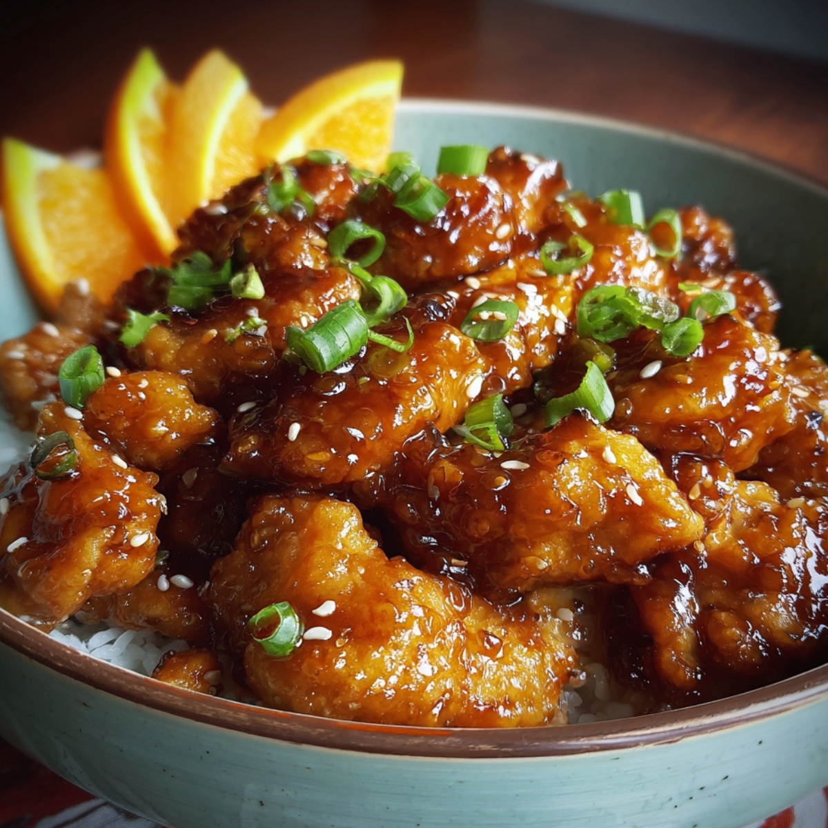 Close-up of crispy orange chicken recipe coated in a glossy orange sauce, garnished with sesame seeds and green onions, served over rice with slices of orange on the side.