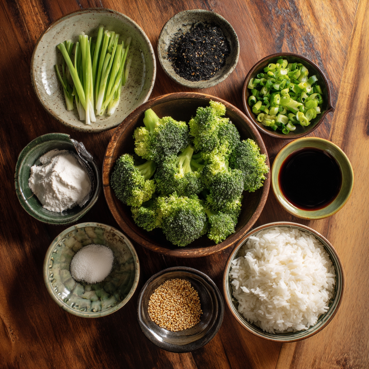 Various ingredients for a recipe, including fresh broccoli, rice, sesame seeds, green onions, soy sauce, and seasonings, spread out on a wooden table