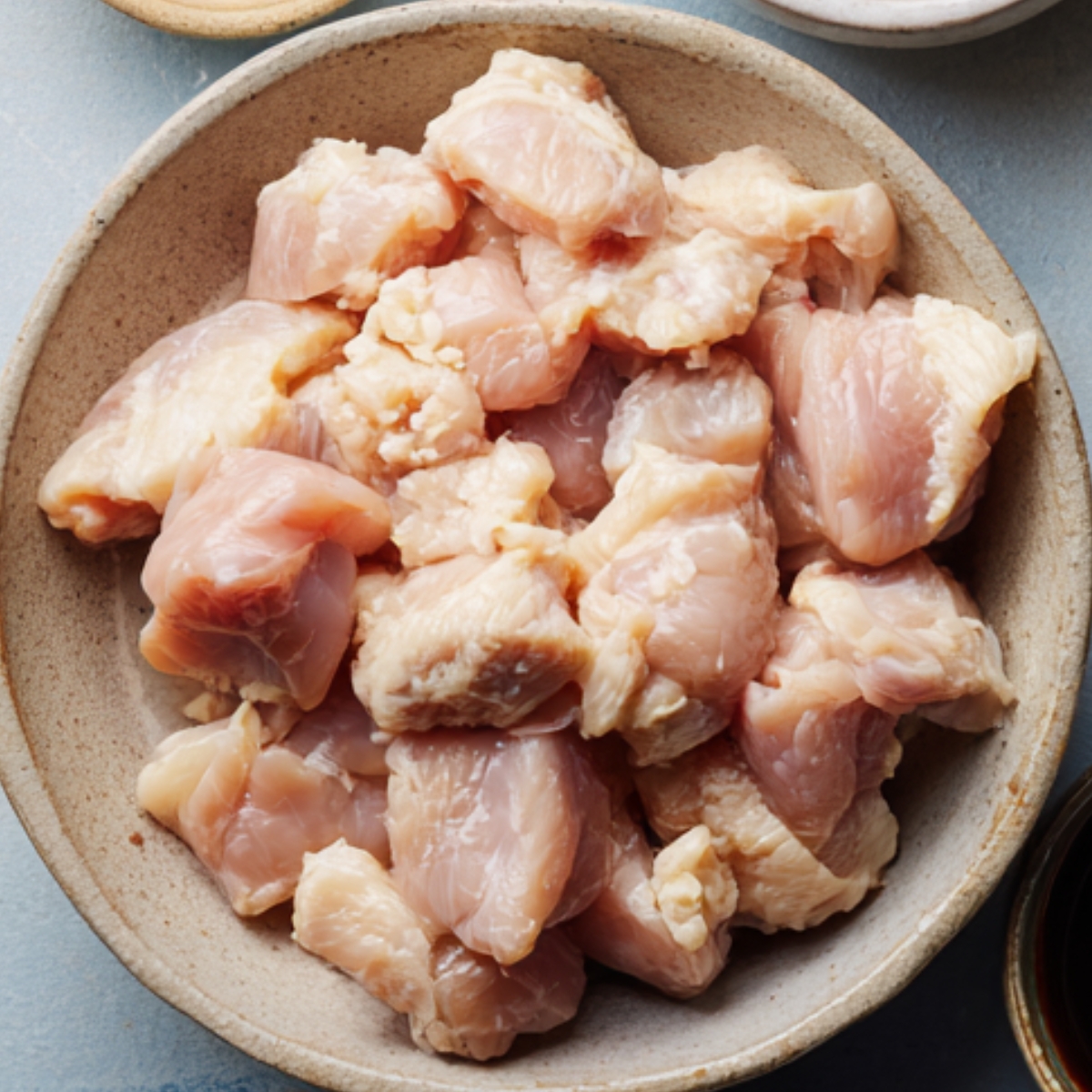 "Raw chicken pieces neatly arranged in a bowl, ready to be cooked, with a light background of other ingredients