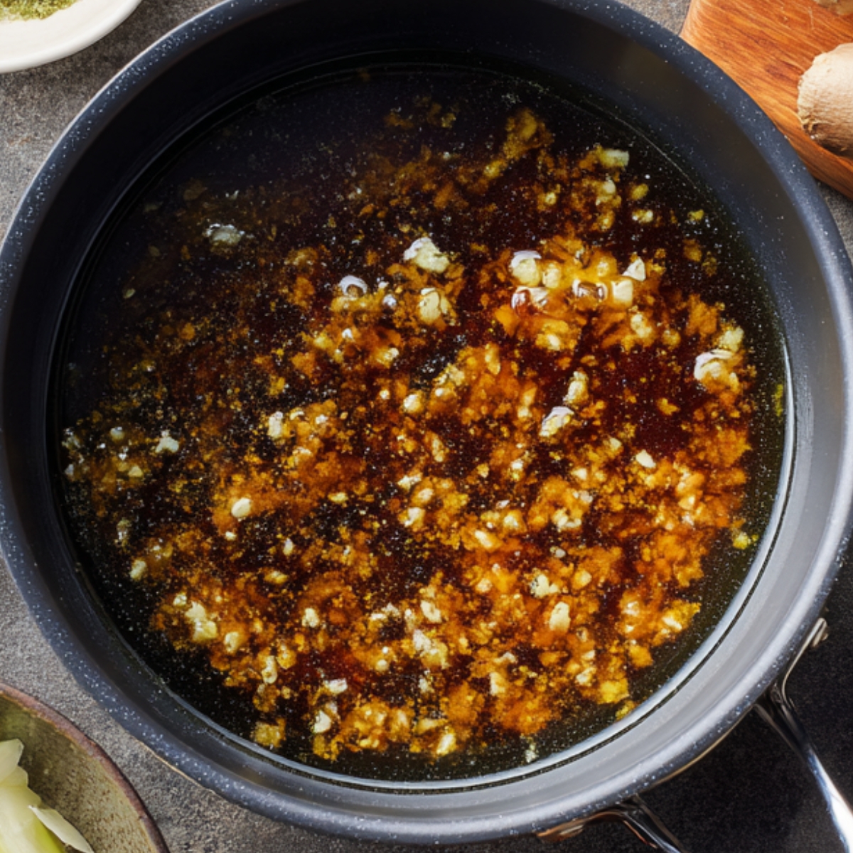 close-up shot of a dark sauce in a pan with chopped garlic and ginger, simmering to create a flavorful mixture