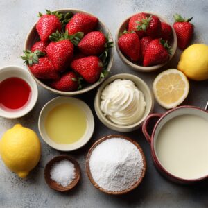 variety of ingredients laid out, including fresh strawberries, lemon, sugar, and milk
