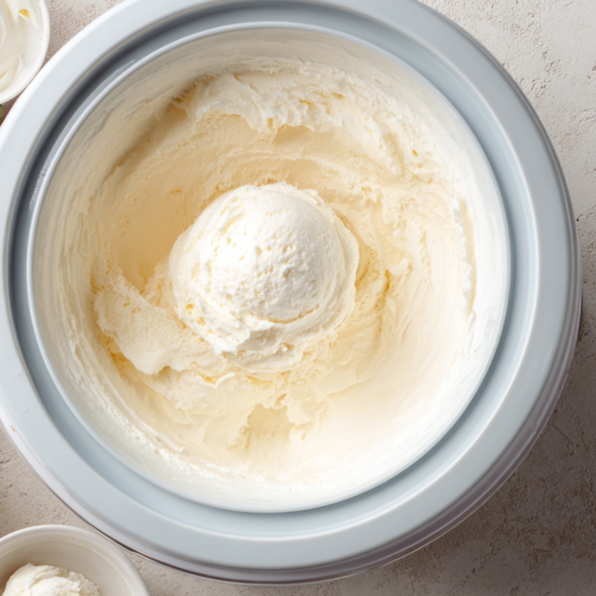 creamy scoop of vanilla ice cream inside an ice cream maker, with smooth, soft texture
