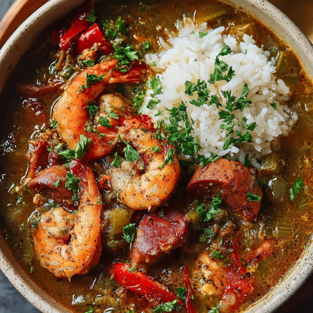 delicious bowl of shrimp and sausage gumbo recipe., served with white rice on the side. The gumbo is rich and flavorful, with a mix of shrimp, sausage, herbs, and seasonings, garnished with fresh parsley.