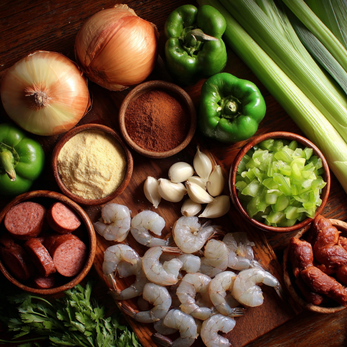 close-up of various ingredients for making a shrimp and sausage gumbo. The ingredients include shrimp, sausages, green bell peppers, onions, garlic, celery, and seasonings such as cayenne pepper and paprika, laid out neatly on a wooden surface