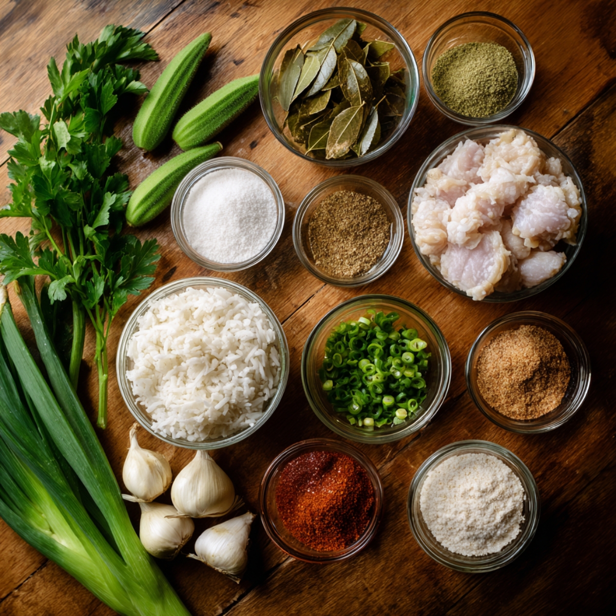 collection of ingredients for another dish, possibly a gumbo or stew, including okra, parsley, bay leaves, garlic, rice, green onions, and various seasonings such as salt, pepper, and paprika