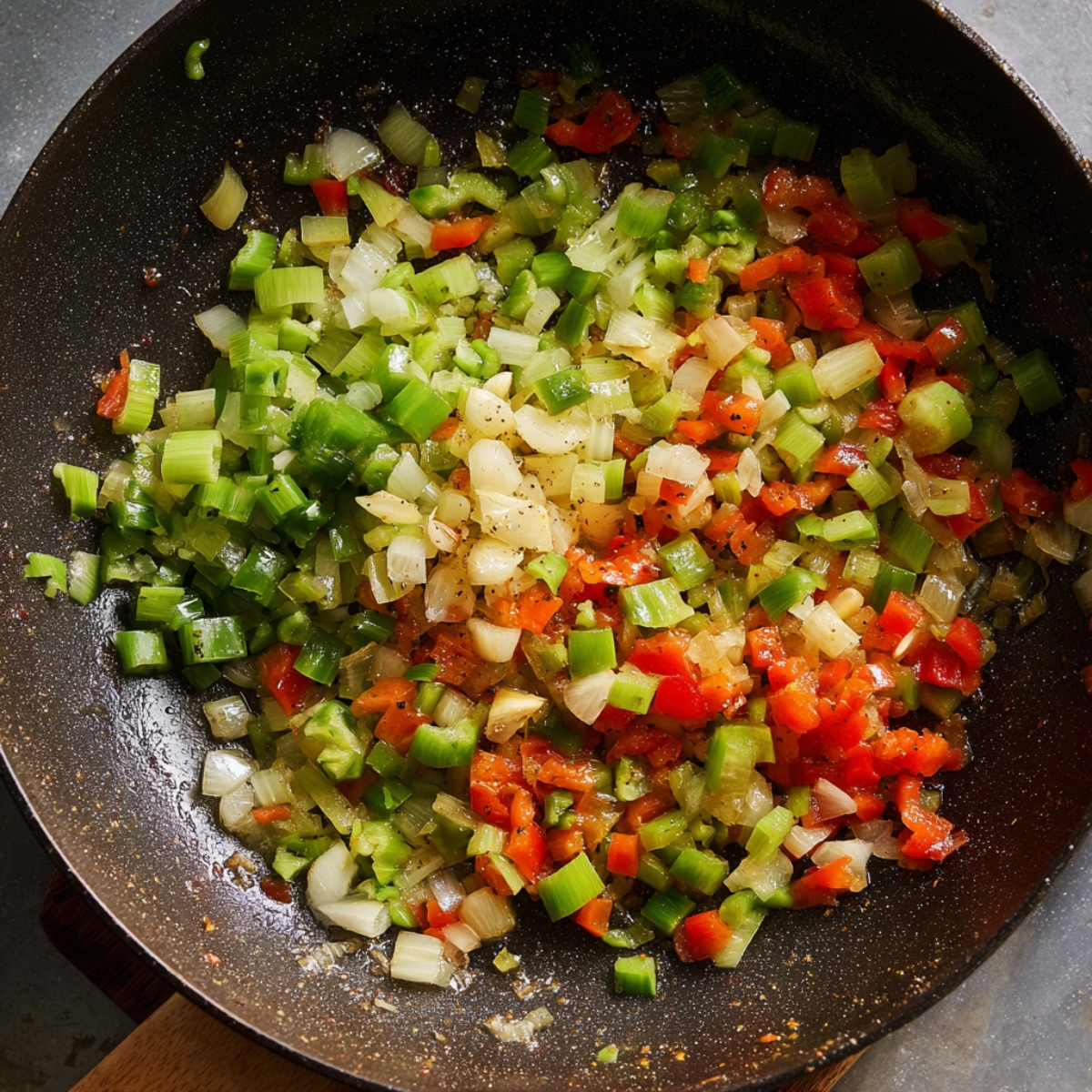 skillet containing sautéed vegetables—celery, onion, and bell peppers—cooking together in a mixture of oil or butter, which are the base for many southern and Creole dishes.