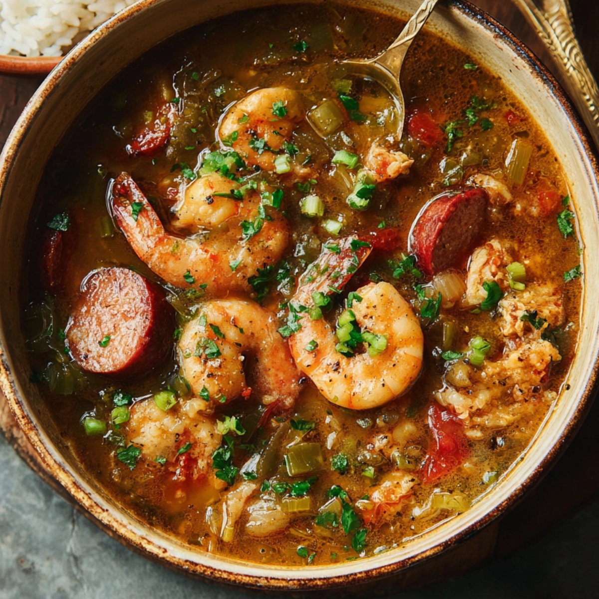 close-up of shrimp and sausage gumbo in a bowl, served with a sprinkle of green onions and parsley. The gumbo is a hearty, flavorful mixture of shrimp, sausage, and vegetables, with a rich broth.