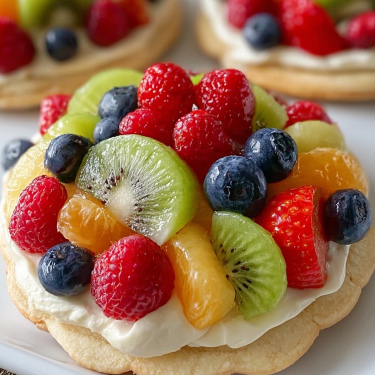 close-up of afruit pizza recipe tart with a golden, crispy base topped with a variety of fresh fruits such as strawberries, blueberries, raspberries, kiwi slices, and orange segments arranged beautifully over a creamy filling