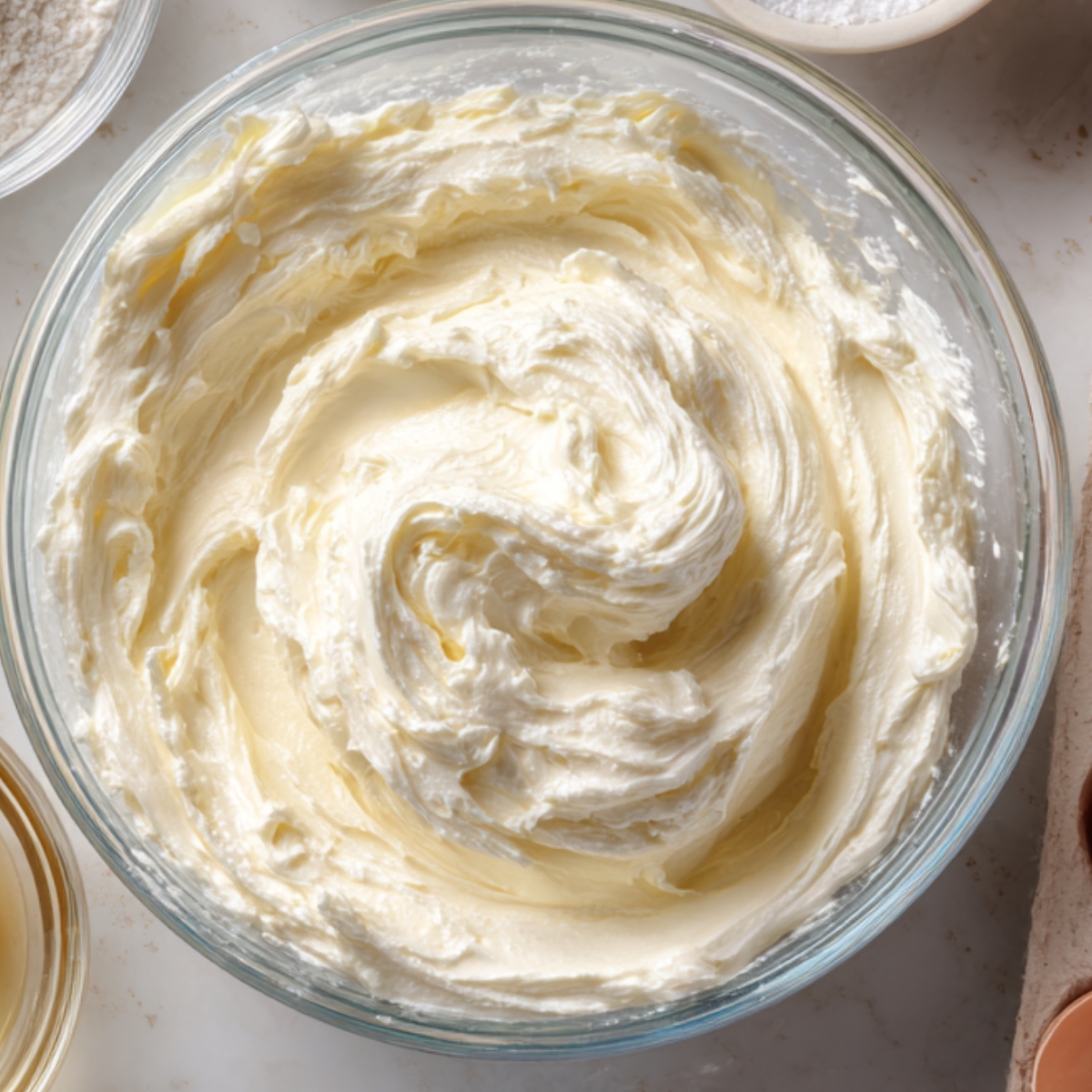 bowl of creamy, whipped butter or frosting, showing a smooth, fluffy texture ideal for spreading over cakes, cookies, or pastries