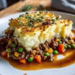 serving of shepherds pie recipe with mashed potatoes on top, garnished with thyme. The filling consists of ground beef, peas, carrots, and corn, sitting in a rich gravy sauce.