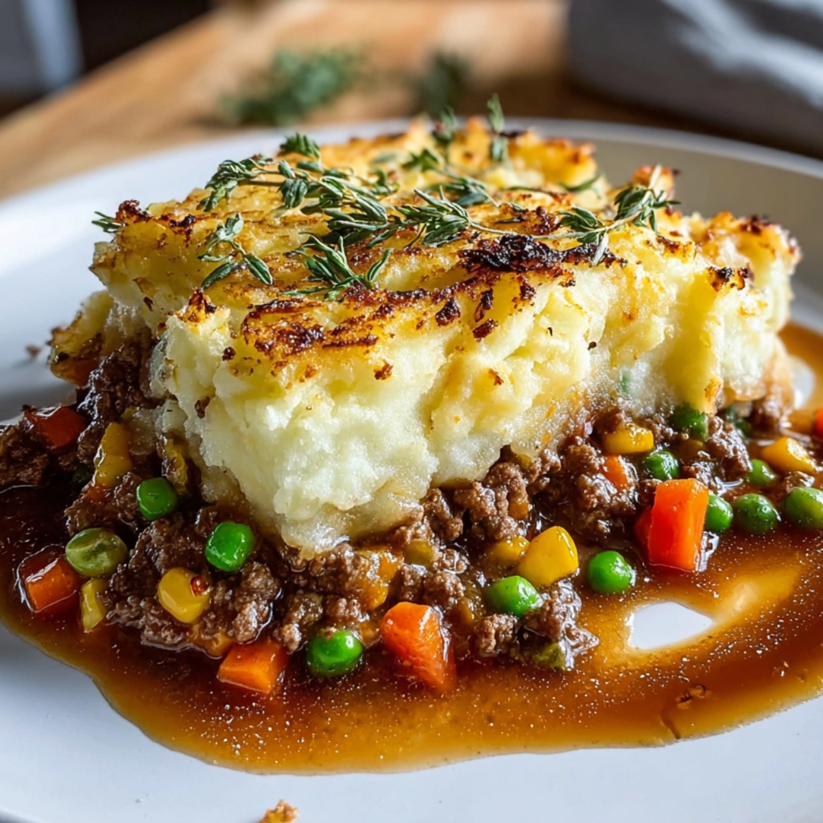 serving of shepherds pie recipe with mashed potatoes on top, garnished with thyme. The filling consists of ground beef, peas, carrots, and corn, sitting in a rich gravy sauce.