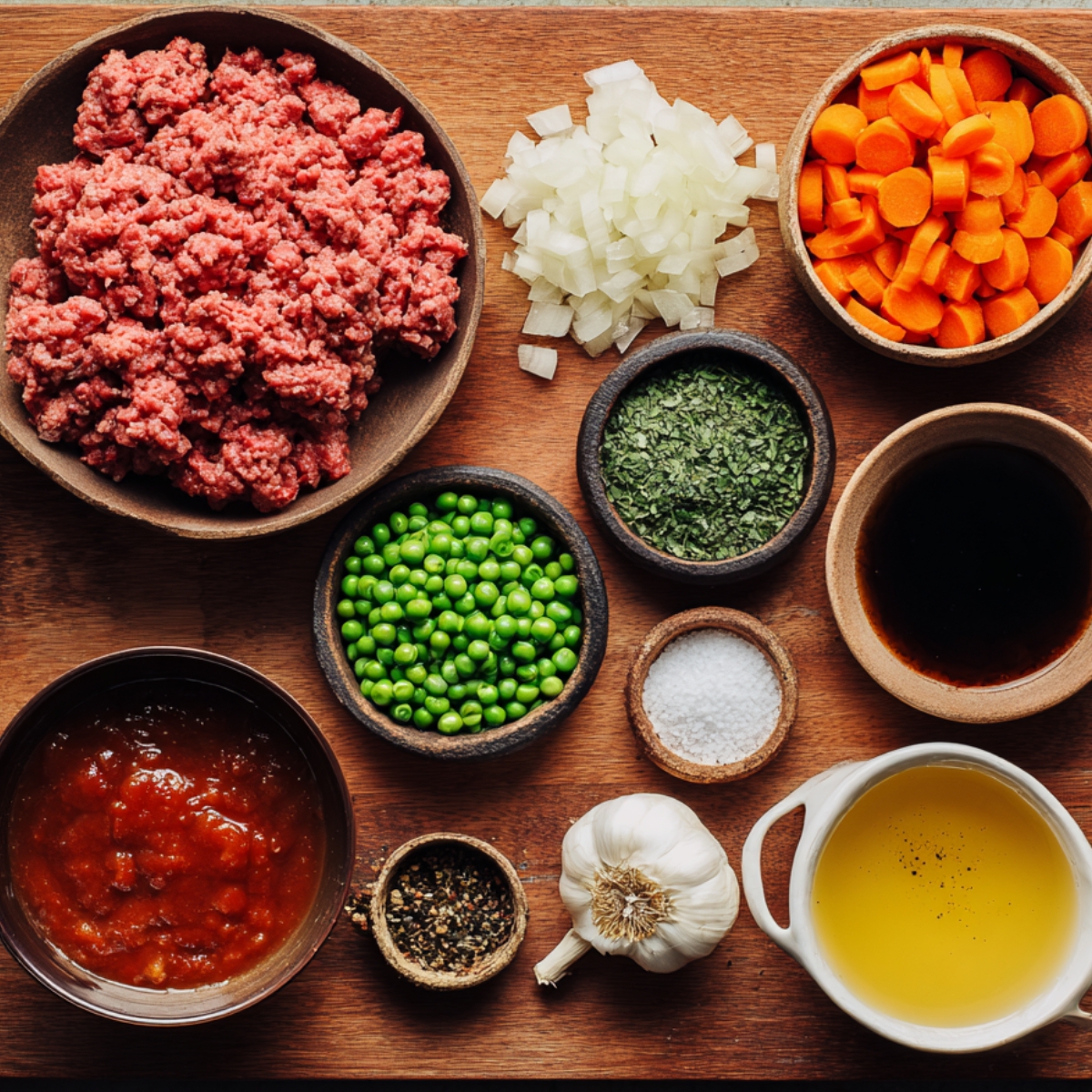collection of ingredients for cooking, including ground beef, chopped onions, sliced carrots, green peas, tomato sauce, garlic, herbs, soy sauce, olive oil, and spices. These ingredients are arranged in small bowls on a wooden surface.