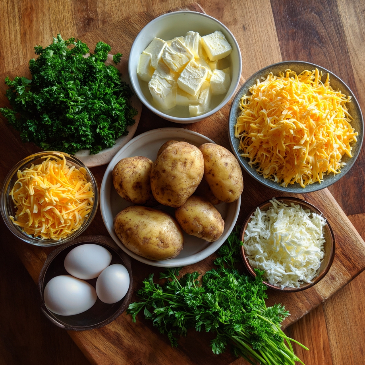 collection of ingredients for mashed potatoes, including potatoes, eggs, cheese (shredded cheddar and mozzarella), butter, and parsley, arranged in bowls on a wooden surface.