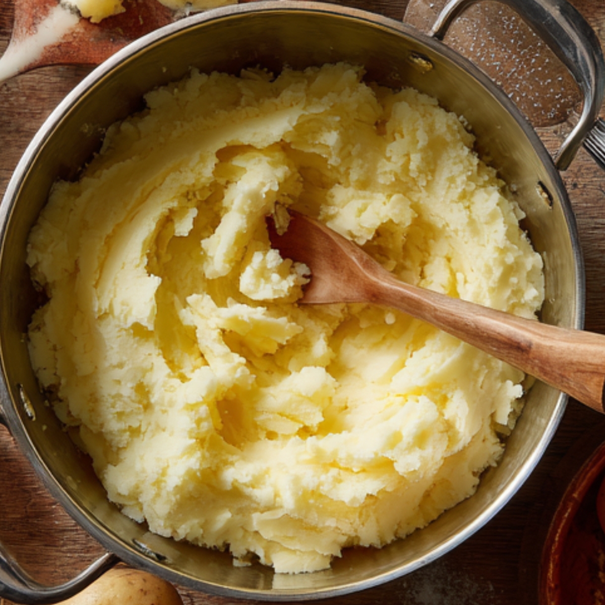 close-up of creamy mashed potatoes in a saucepan, with a wooden spoon stirred through them, showing a smooth and fluffy texture.