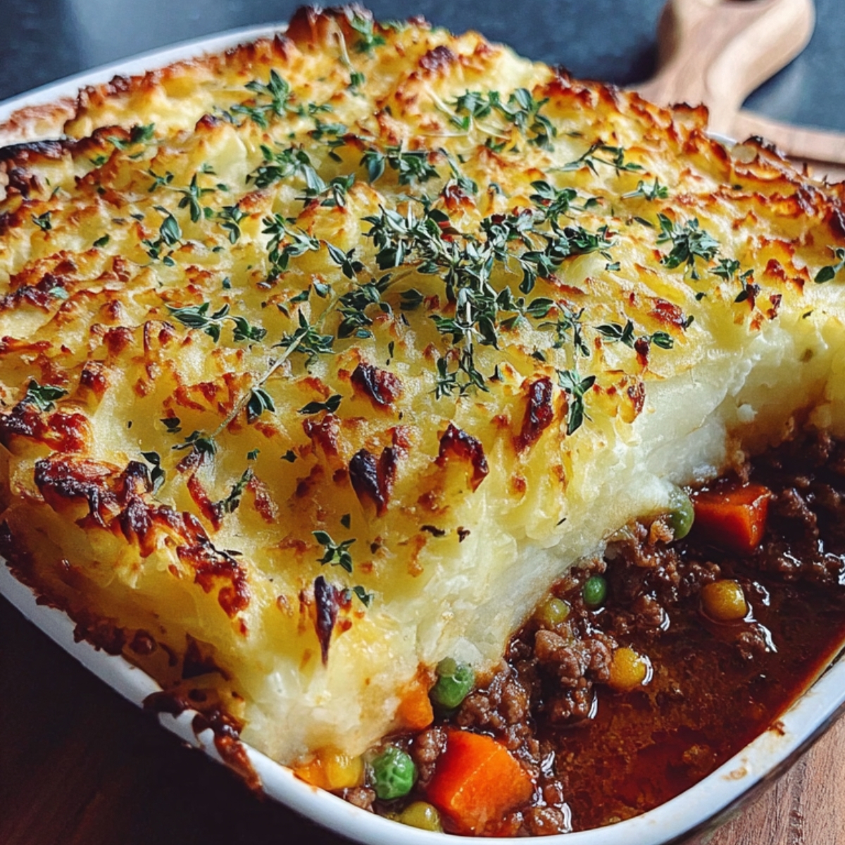 close-up of a freshly baked shepherd's pie with a golden, crispy mashed potato topping, decorated with thyme leaves. The filling beneath includes ground beef and vegetables like peas and carrots.